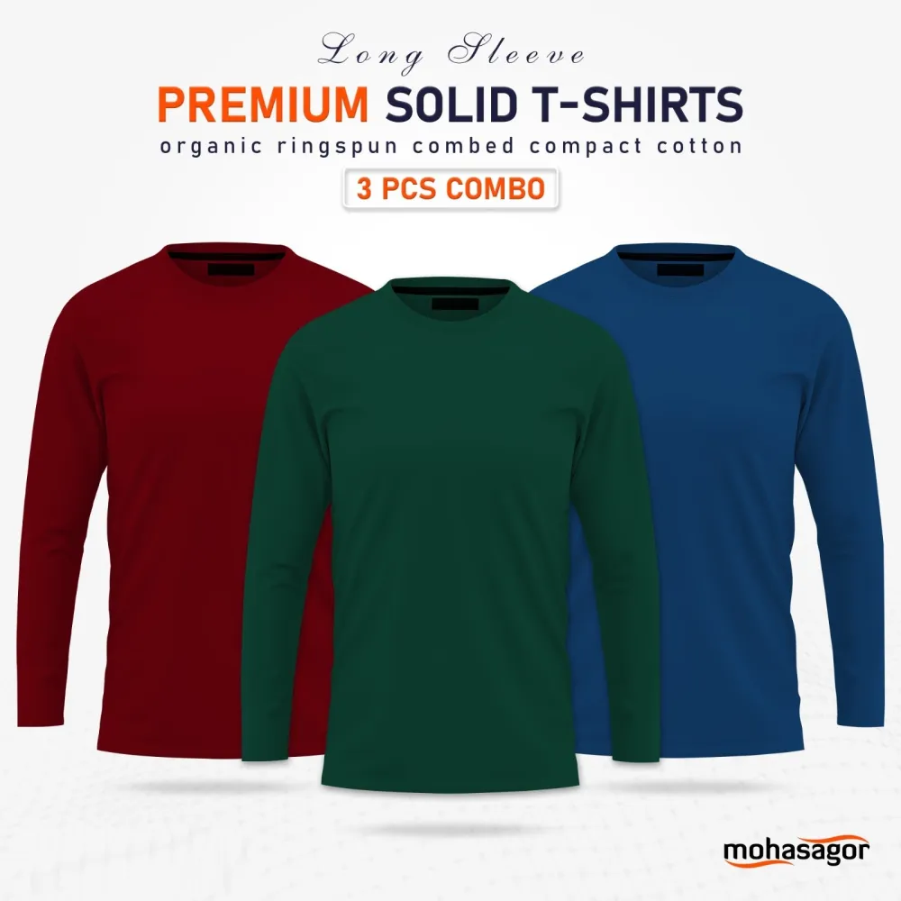 3 pcs Full Sleeve Solid T-Shirt Combo