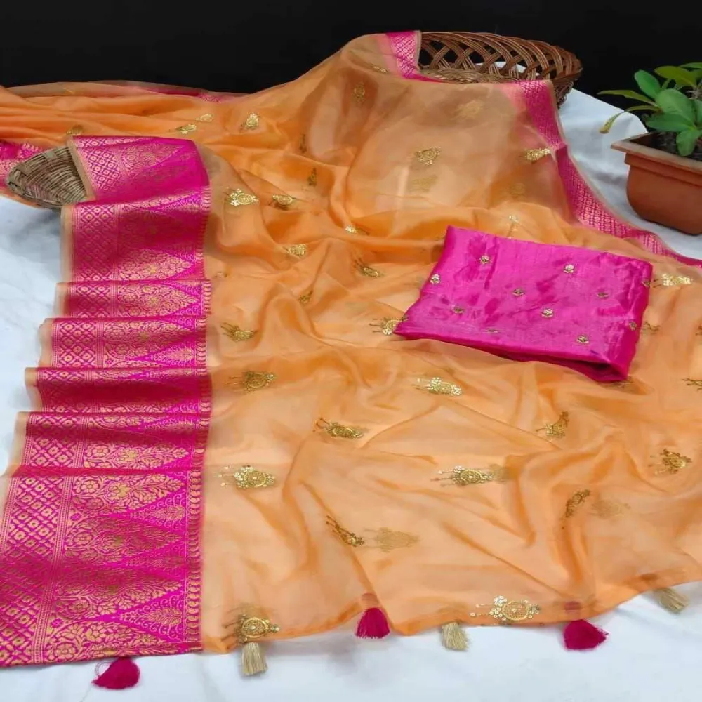 Rani jhumka Pure organza jacquard With Kanchipuram Rani Jacquard Border Saree-si